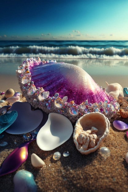 Shell sitting on top of a sandy beach next to the ocean generative ai