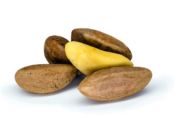 shelled Brazil nut on white background, typical Brazil nut used in general cooking