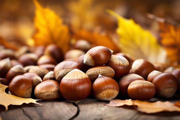 Photo shelled hazelnuts nuts image with autumn leaves