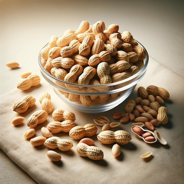 Shelled Peanuts in Bowl with Whole Peanuts Background