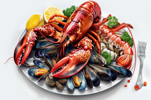 Shellfish plate with lobster mussels oysters for gourmet dinner