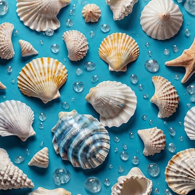 shells are arranged on a blue surface with water drops