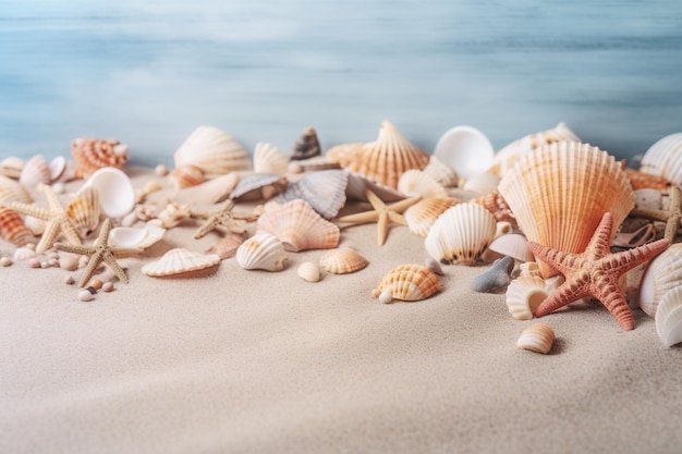 Shells on the beach with a sea blurred background