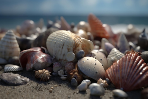 Shells on the beach with the sun shining on them