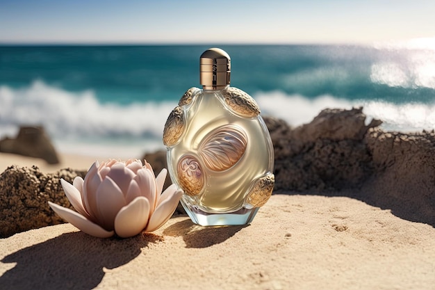 Shells close up on a stone and a transparent spray bottle of womens perfume with the sun and the sea