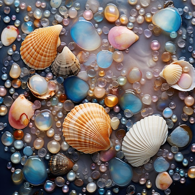 shells in a glass bowl with bubbles and bubbles in the water.