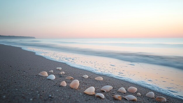 Photo shells on sandy beach at sunset