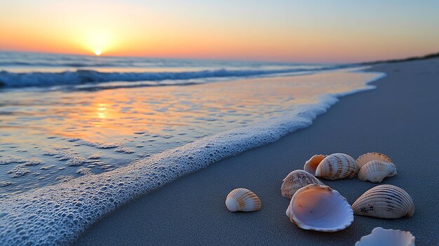 Shells on Sandy Beach at Sunset