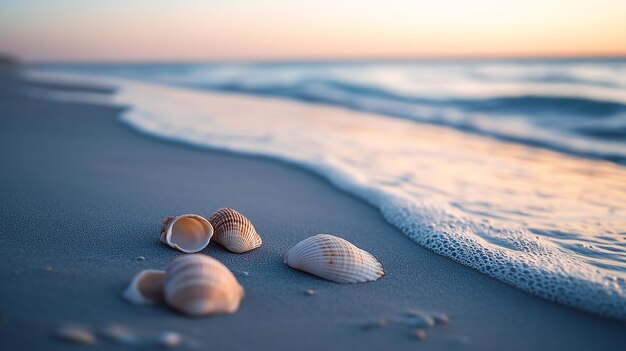 Photo shells on sandy beach at sunset