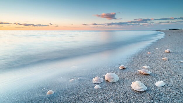 Photo shells on sandy beach at sunset