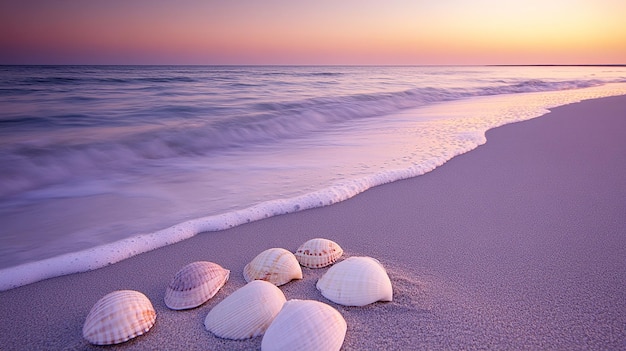 Shells on Sandy Beach at Sunset