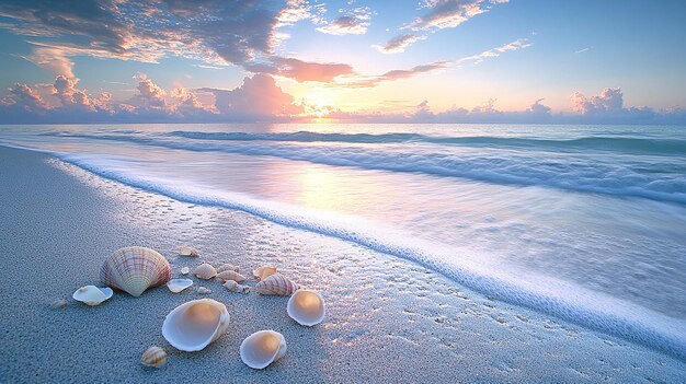 Shells on Sandy Beach at Sunset