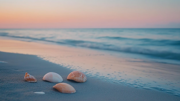 Photo shells on sandy beach at sunset