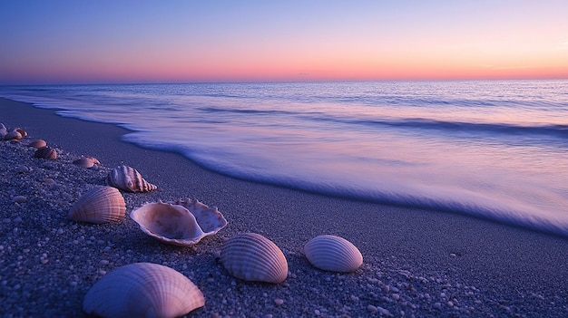 Photo shells on sandy beach at sunset