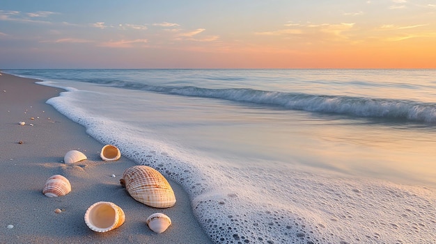 Shells on Sandy Beach at Sunset