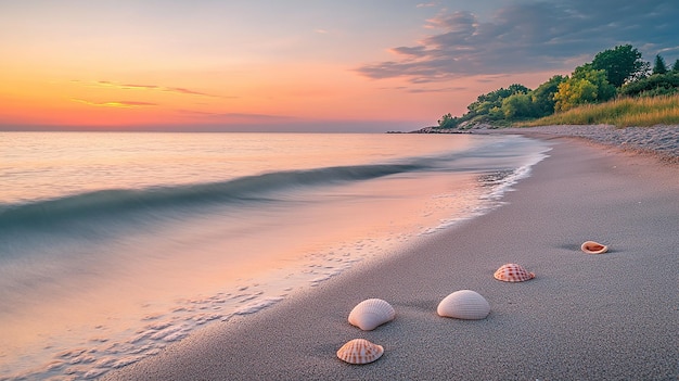 Photo shells on sandy beach at sunset