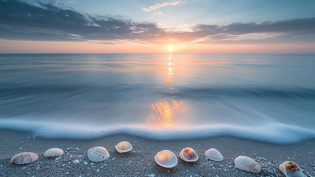 Photo shells on sandy beach at sunset