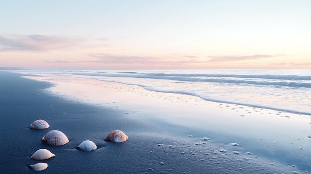 Photo shells on sandy beach at sunset