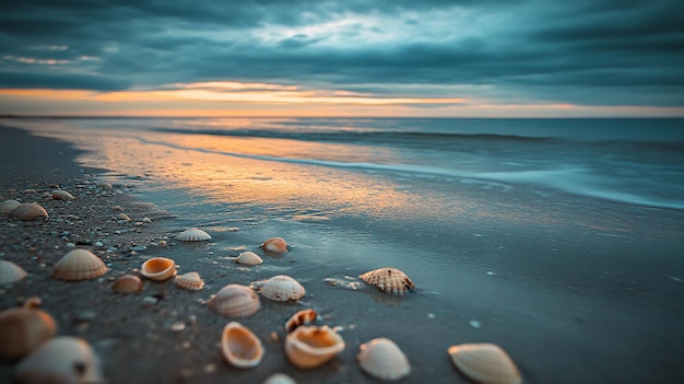 Photo shells on sandy beach at sunset