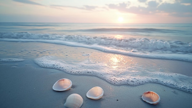 Photo shells on sandy beach at sunset