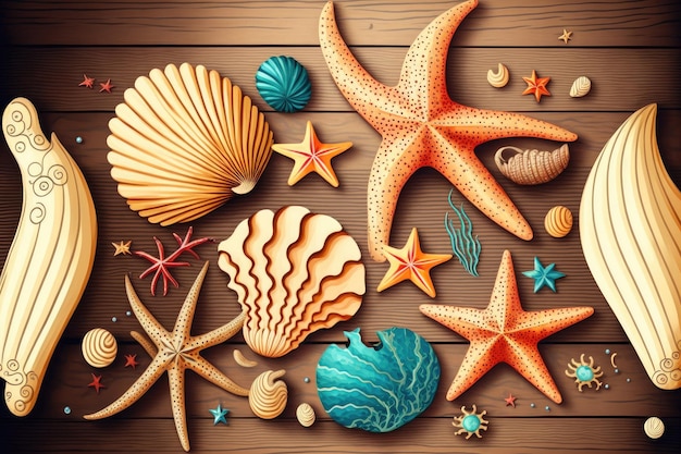 Shells and sea stars on a wooden background