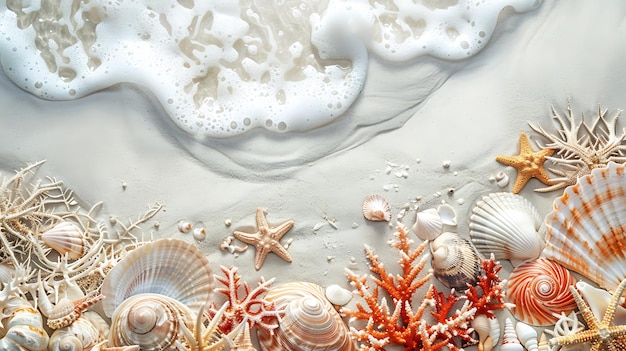 shells and shells on a white background with the ocean in the background