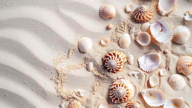 shells on a white surface with a sand beach in the background