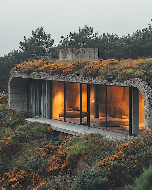 Photo shellshaped biophilic cabin with camouflaged roof design