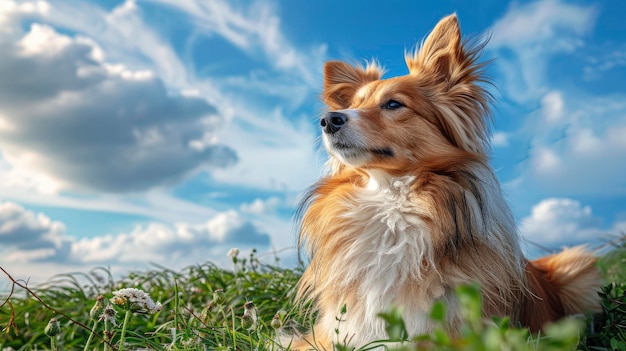 A Sheltie dog a domestic pet sitting on the green grass enjoying the outdoors under a clear blue sky