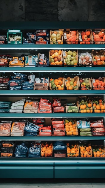 Shelves of a convenience store full of food packages and fruit boxes