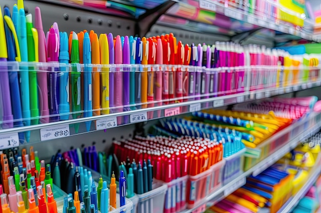 Shelves Filled with Colorful Pens in Stationery Shop