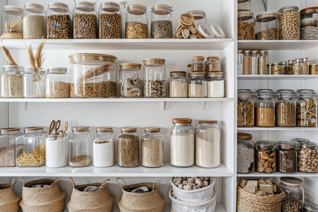 Photo shelves filled with glass jars containing various grains spices and dried goods set against a bright white background