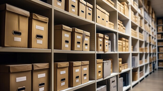 Photo shelves filled with neatly organized brown storage boxes in an archive room