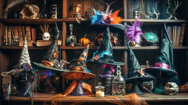 Photo shelves filled with witch hats and spooky decorations