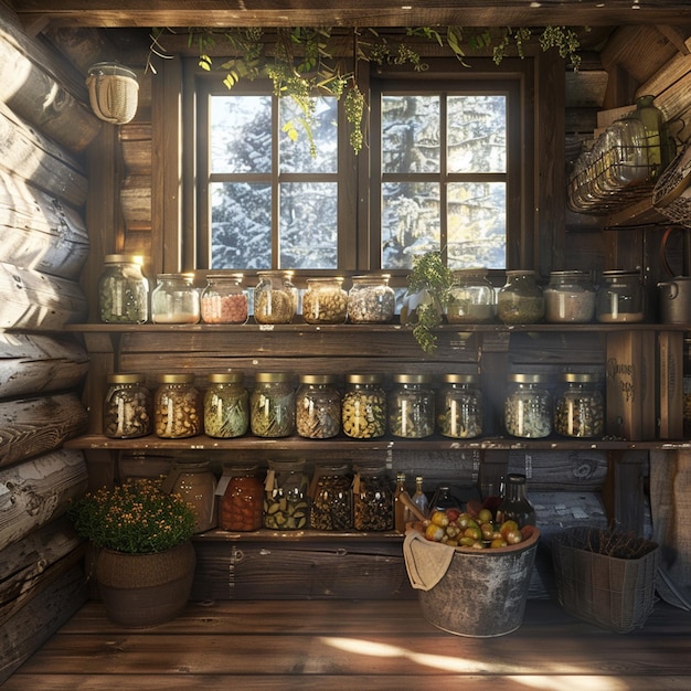 Photo shelves of jars with food by a window in a wooden building