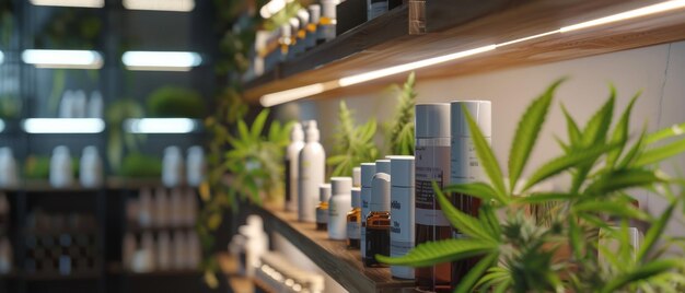 Photo shelves lined with various cannabis products in a modern welllit dispensary showcasing a range of health and wellness options