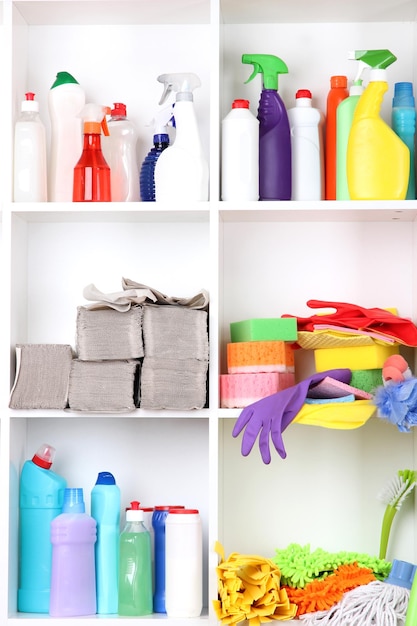 Shelves in pantry with cleaners for home closeup