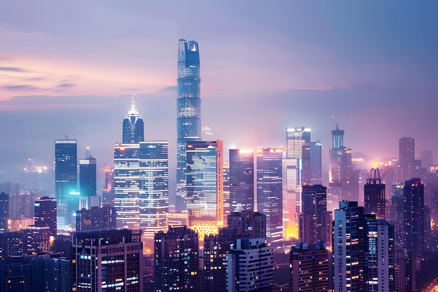 Shenzhen skyline at night Blue and purple KK100 towers dominate Panoramic city landscape