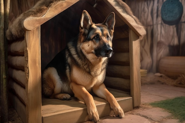 Shepherd dog in doghouse Domestic pet