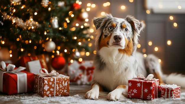 A shepherd dog relaxes by the Christmas tree surrounded by festive gifts and decorations