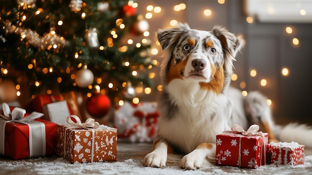 A shepherd dog relaxing by the Christmas tree surrounded by wrapped gifts in a cozy room