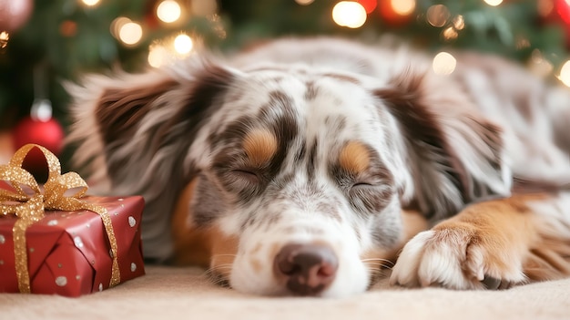 A shepherd dog resting peacefully beside a Christmas tree and wrapped gift during the holidays