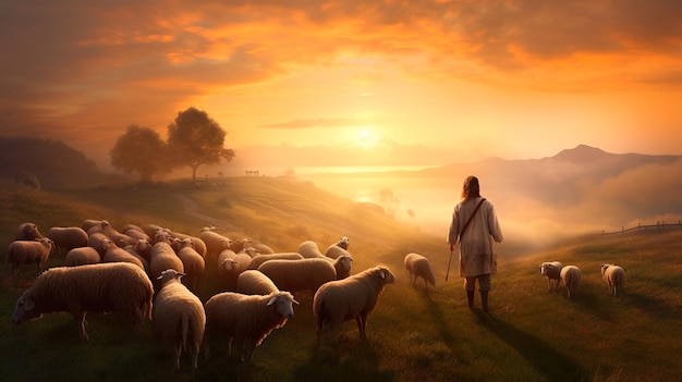 Shepherd Jesus Christ taking care of the lamb and a flock of sheep on the meadow with a brightly rising sunrise landscape Generative AI