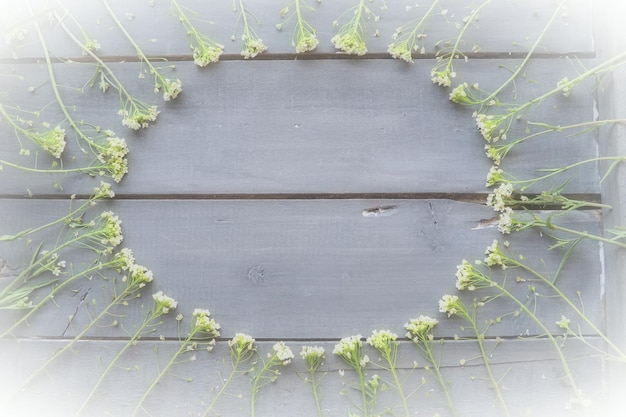 Shepherds purse flowers arranged in a circle on a wooden background or old table small yellow inflor