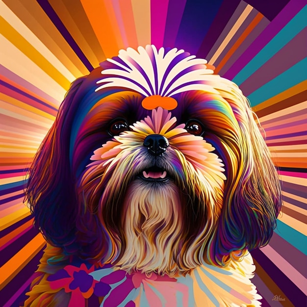 Shi tzu Dog op art deco cubism. Flowers. Bright color. generative AI