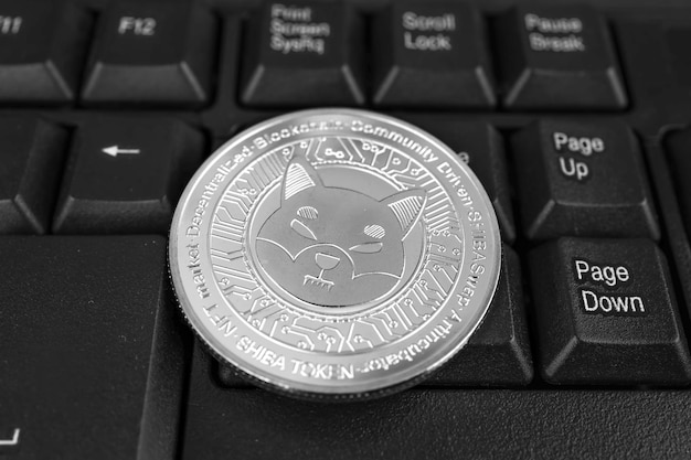 Shiba coin on black keyboard Cryptocurrency stock market concept The concept of virtual money