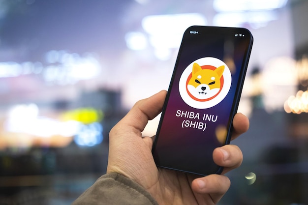 SHIBA INU cryptocurrency symbol, logo. Business and financial concept. Hand with smartphone, screen with crypto icon close-up