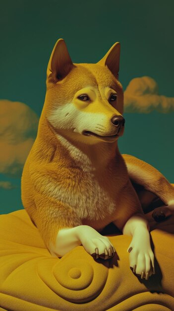 A Shiba Inu dog rests peacefully on a golden cloud