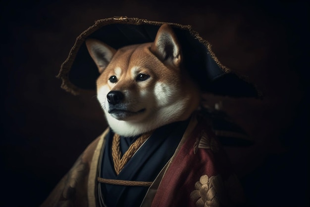 Shiba Inu dog in traditional japanese clothing Generative AI