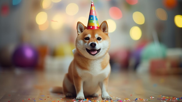 Shiba inu dog wearing a birthday hat